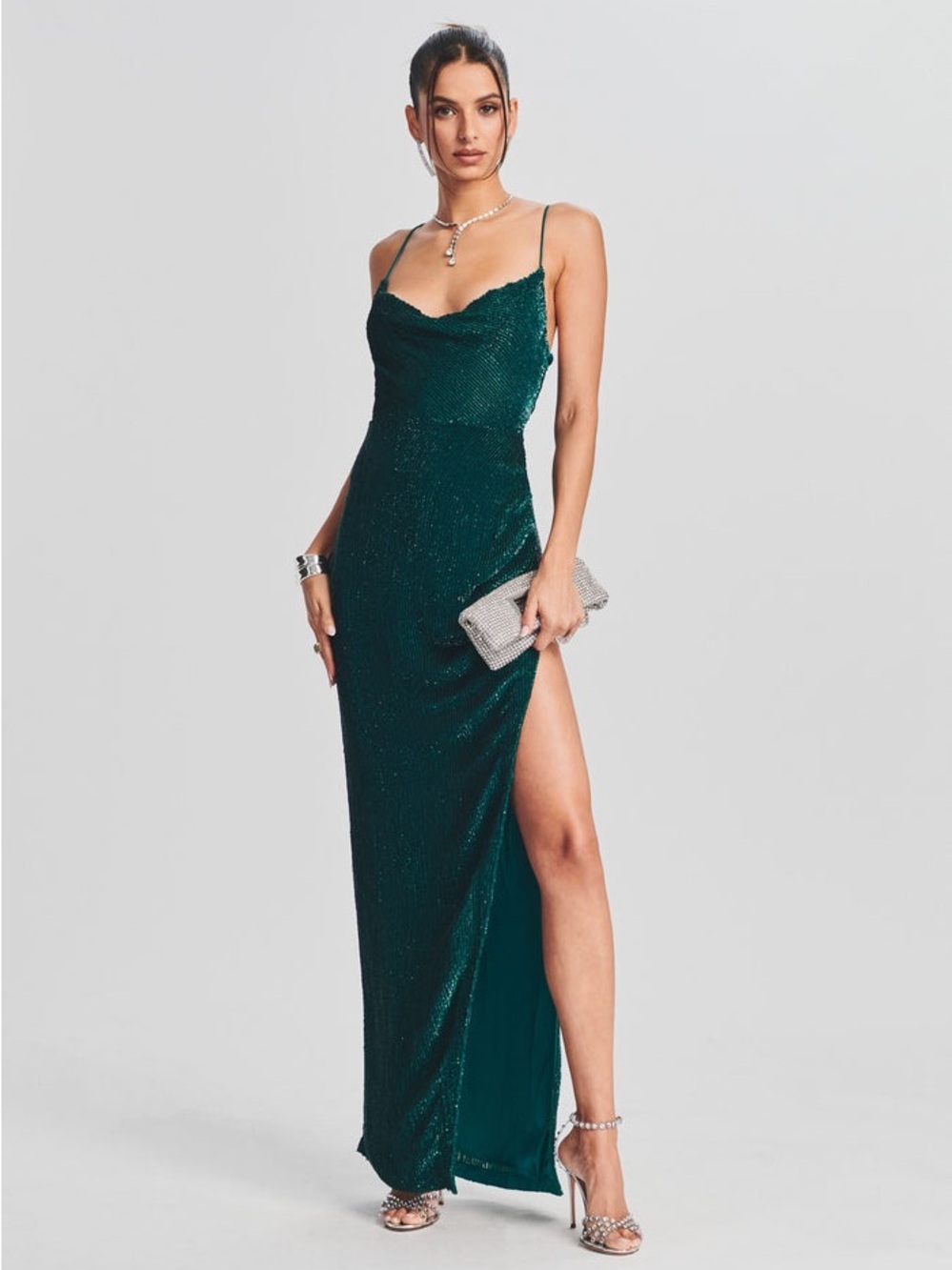 Retrofete KATYA SEQUIN Emerald Green Sequin Cowl Neck Gown Dress Size Small